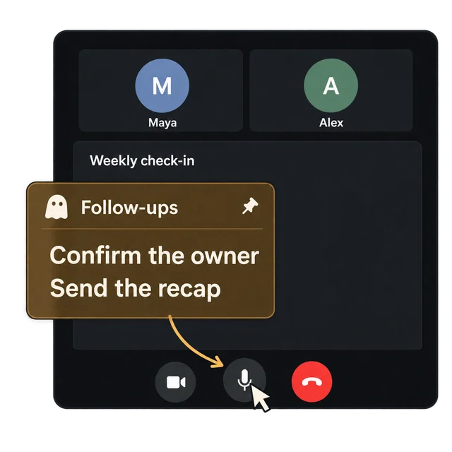 Illustration: A pinned meeting follow-up note with profile avatars and click-through controls