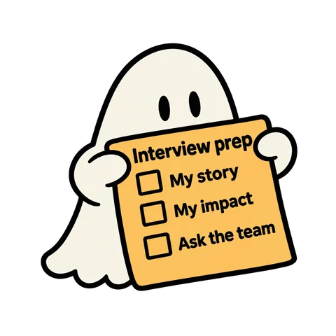 A friendly ghost holding your interview preparation checklist
