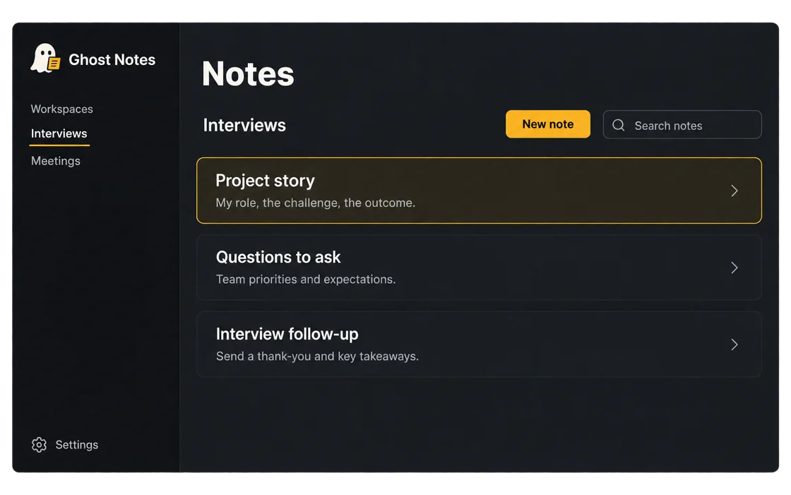 Product illustration of Interviews and Meetings workspaces with saved project stories and follow-up notes